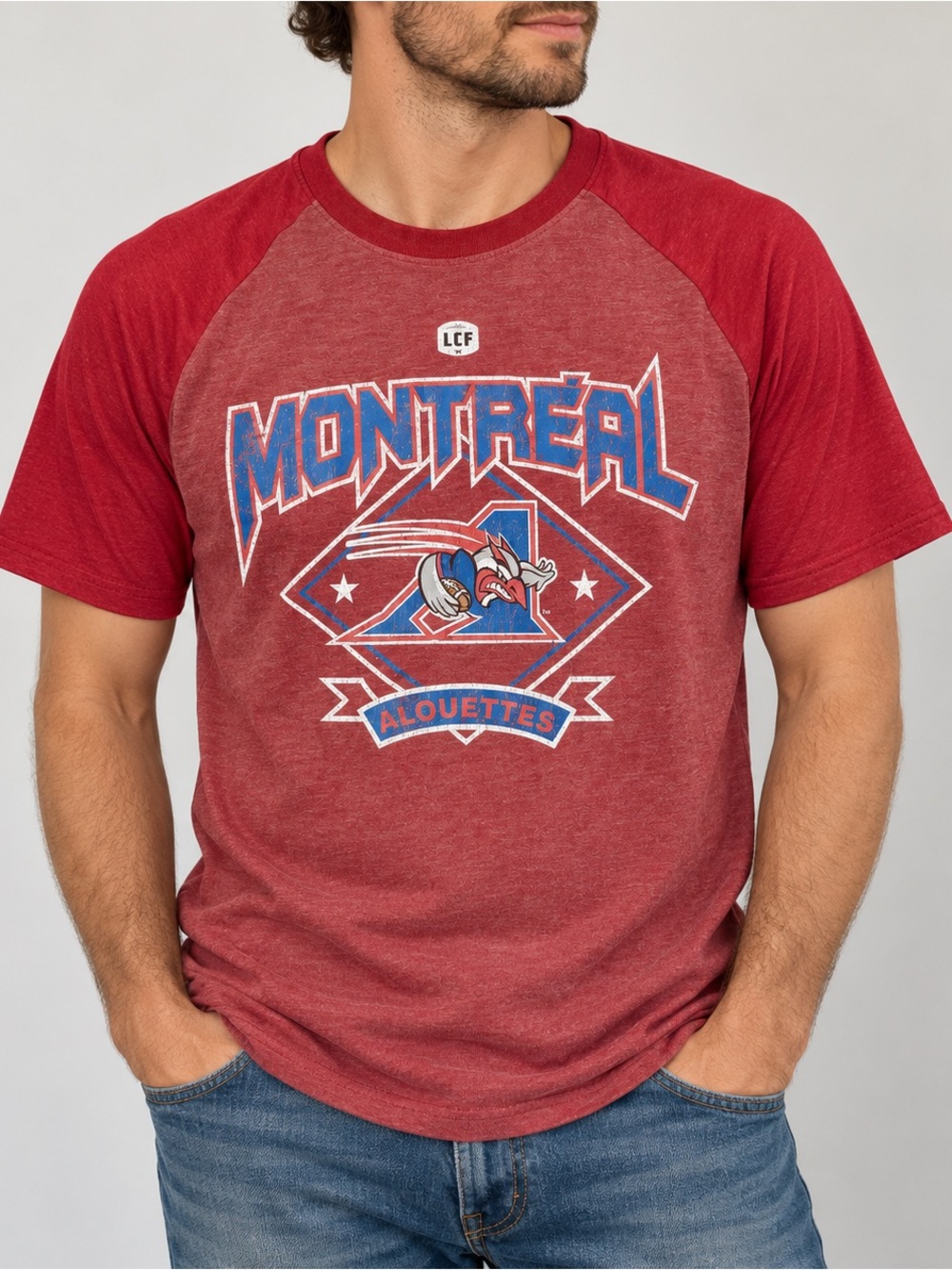 Montreal Alouettes LCF Distressed Raglan T Shirt Red Men’s Medium Fit